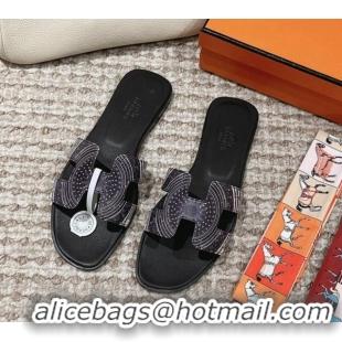 Best Grade Hermes Classic Oran Flat Slide Sandals in Calfskin with Astrologie Bandana Print Black 0123083