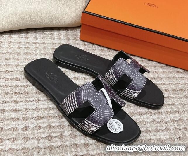 Best Grade Hermes Classic Oran Flat Slide Sandals in Calfskin with Astrologie Bandana Print Black 0123083