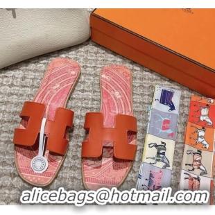 Perfect Hermes Classic Oran Flat Slide Sandals in Calfskin with Astrologie Bandana Print Orange 0123084