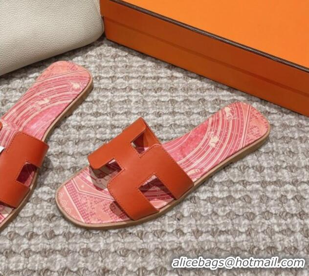 Perfect Hermes Classic Oran Flat Slide Sandals in Calfskin with Astrologie Bandana Print Orange 0123084