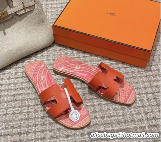 Perfect Hermes Classic Oran Flat Slide Sandals in Calfskin with Astrologie Bandana Print Orange 0123084