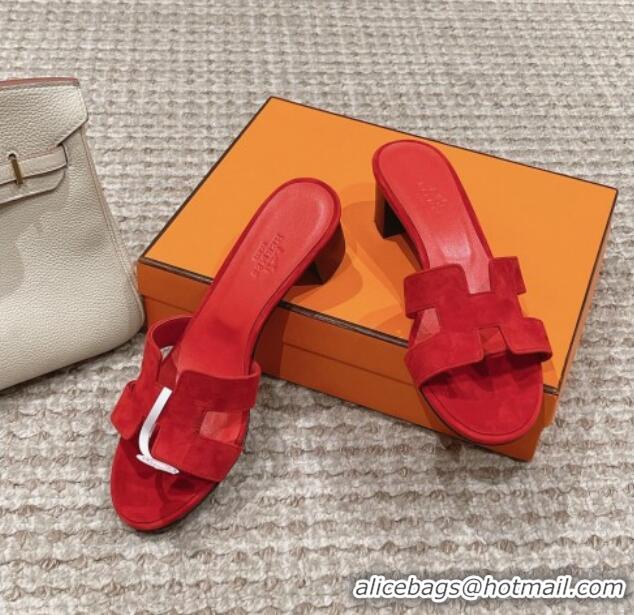 Top Grade Hermes Classic Oasis Heel Slide Sandals 4.5cm in Suede Red 0123086