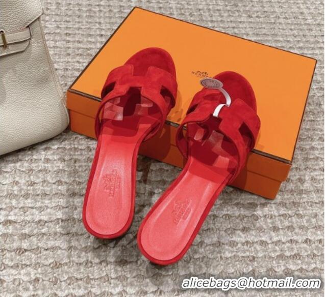 Top Grade Hermes Classic Oasis Heel Slide Sandals 4.5cm in Suede Red 0123086