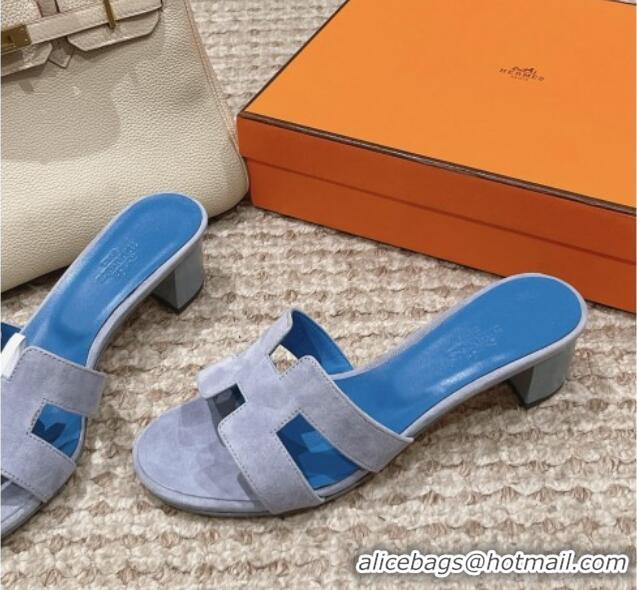 Good Quality Hermes Classic Oasis Heel Slide Sandals 4.5cm in Suede Blue 0123088