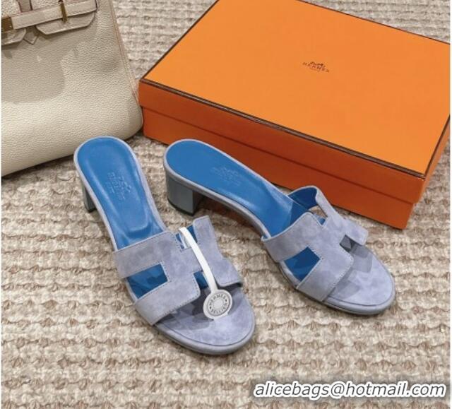 Good Quality Hermes Classic Oasis Heel Slide Sandals 4.5cm in Suede Blue 0123088