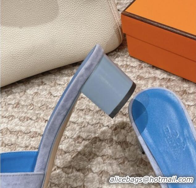 Good Quality Hermes Classic Oasis Heel Slide Sandals 4.5cm in Suede Blue 0123088