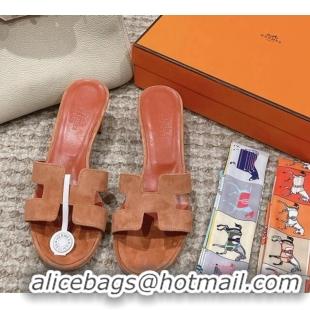 Pretty Style Hermes Classic Oasis Heel Slide Sandals 4.5cm in Suede Coral Pink 0123090