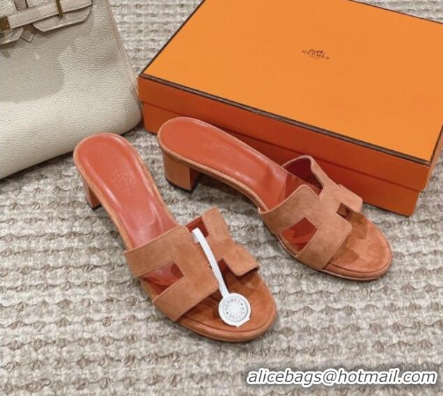 Pretty Style Hermes Classic Oasis Heel Slide Sandals 4.5cm in Suede Coral Pink 0123090