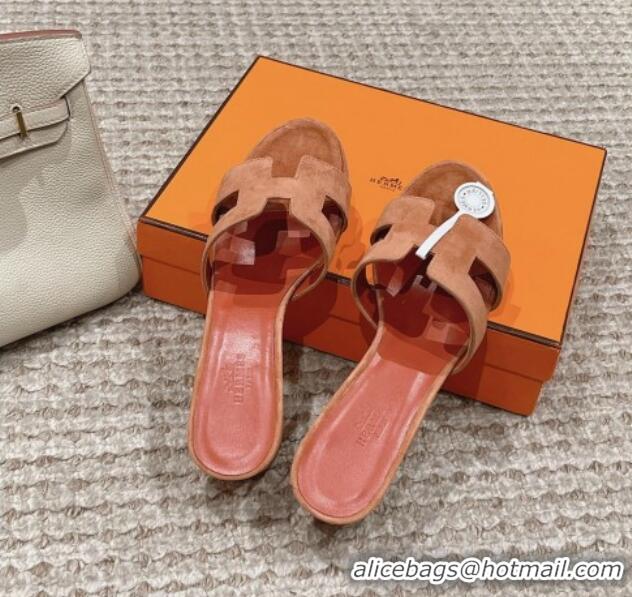 Pretty Style Hermes Classic Oasis Heel Slide Sandals 4.5cm in Suede Coral Pink 0123090