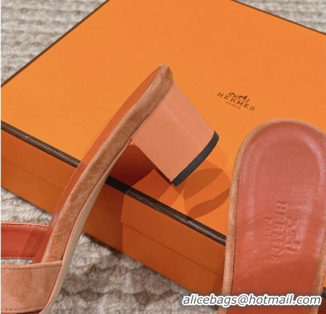 Pretty Style Hermes Classic Oasis Heel Slide Sandals 4.5cm in Suede Coral Pink 0123090