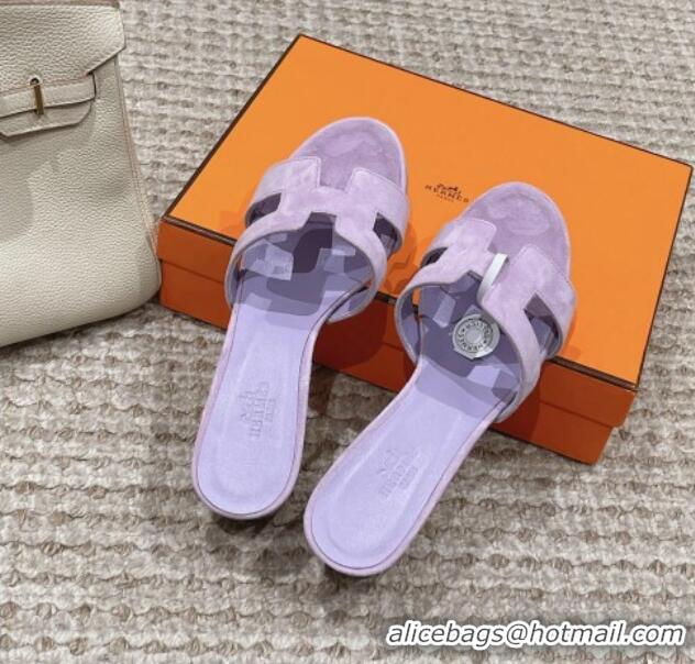 Popular Style Hermes Classic Oasis Heel Slide Sandals 4.5cm in Suede Purple 0123091