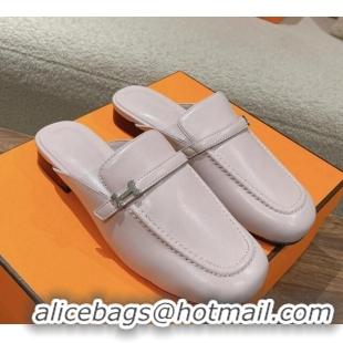 Low Price Hermes Groupie Flat Mules in Calfskin with H Buckle Cream Purple 0123093