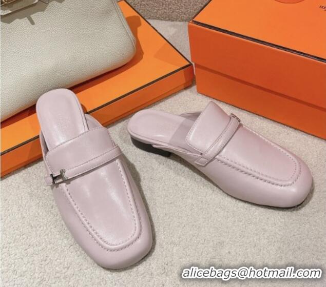 Low Price Hermes Groupie Flat Mules in Calfskin with H Buckle Cream Purple 0123093