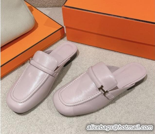 Low Price Hermes Groupie Flat Mules in Calfskin with H Buckle Cream Purple 0123093