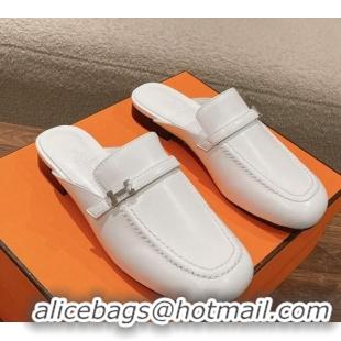 Top Design Hermes Groupie Flat Mules in Calfskin with H Buckle White 123094