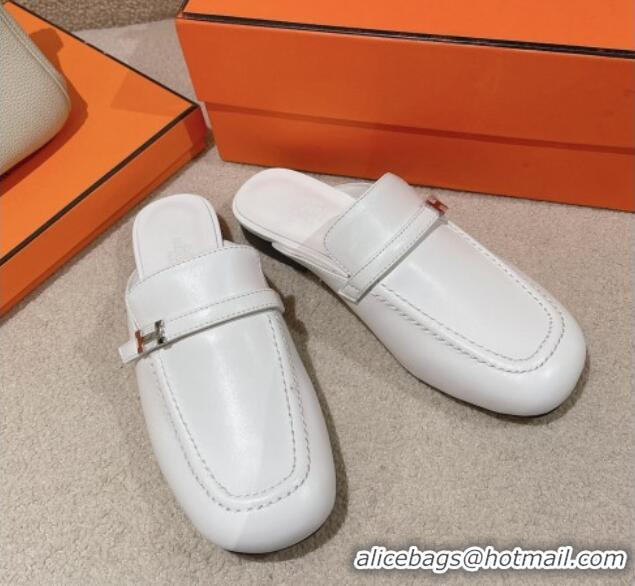 Top Design Hermes Groupie Flat Mules in Calfskin with H Buckle White 123094