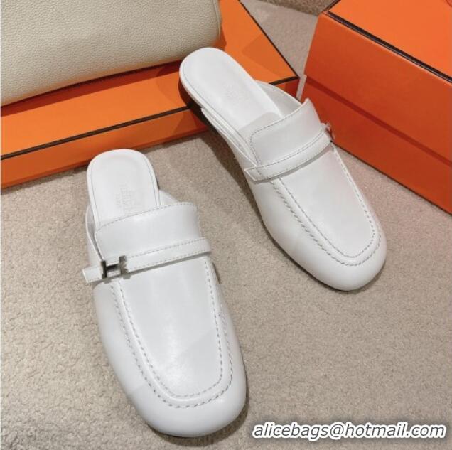 Top Design Hermes Groupie Flat Mules in Calfskin with H Buckle White 123094