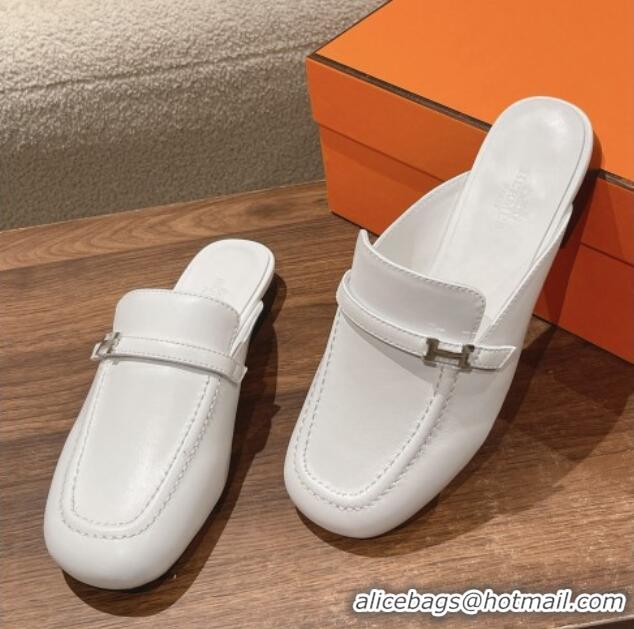 Top Design Hermes Groupie Flat Mules in Calfskin with H Buckle White 123094