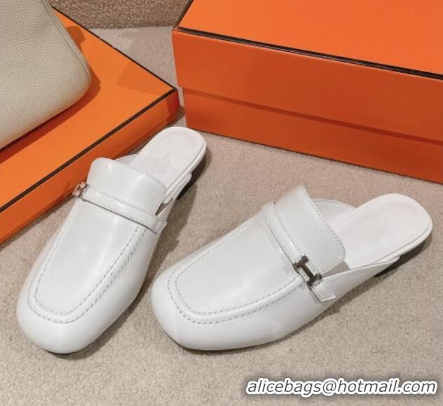 Top Design Hermes Groupie Flat Mules in Calfskin with H Buckle White 123094