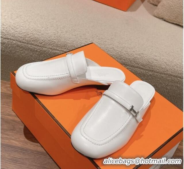 Top Design Hermes Groupie Flat Mules in Calfskin with H Buckle White 123094