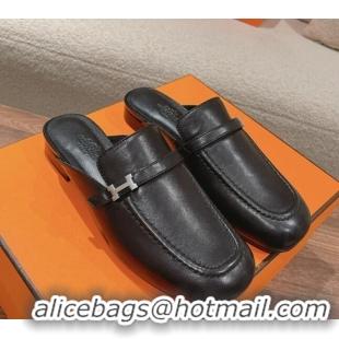 Most Popular Hermes Groupie Flat Mules in Calfskin with H Buckle Black 123095