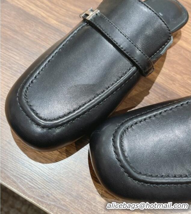 Most Popular Hermes Groupie Flat Mules in Calfskin with H Buckle Black 123095