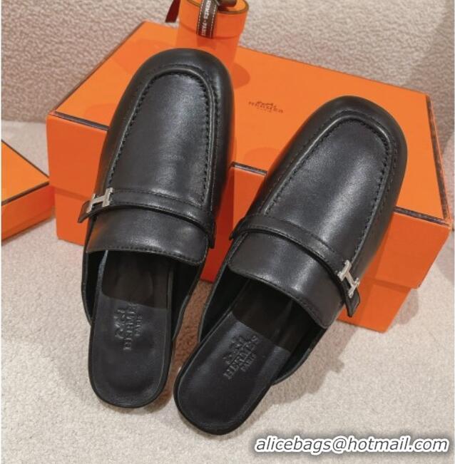 Most Popular Hermes Groupie Flat Mules in Calfskin with H Buckle Black 123095