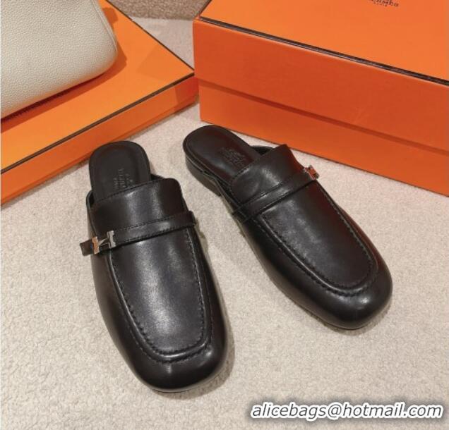 Most Popular Hermes Groupie Flat Mules in Calfskin with H Buckle Black 123095