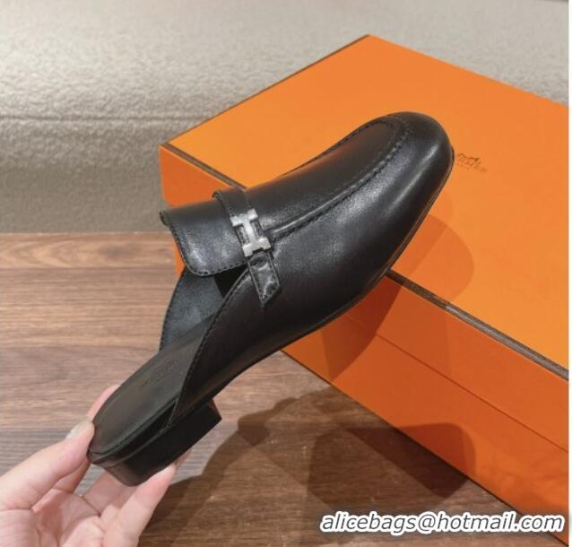 Most Popular Hermes Groupie Flat Mules in Calfskin with H Buckle Black 123095