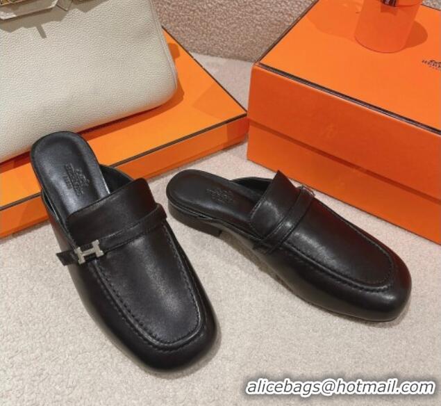 Most Popular Hermes Groupie Flat Mules in Calfskin with H Buckle Black 123095