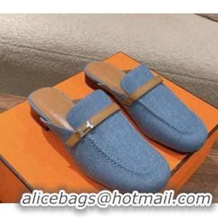 Good Looking Hermes Groupie Flat Mules in Denim with H Buckle Blue 0123096