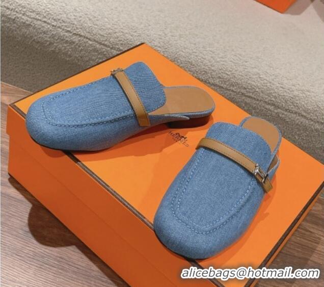 Good Looking Hermes Groupie Flat Mules in Denim with H Buckle Blue 0123096