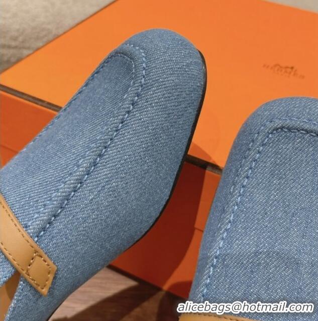 Good Looking Hermes Groupie Flat Mules in Denim with H Buckle Blue 0123096