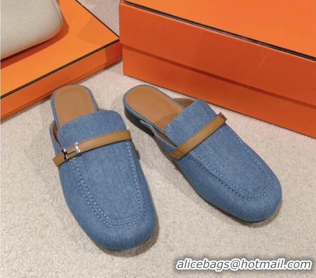 Good Looking Hermes Groupie Flat Mules in Denim with H Buckle Blue 0123096