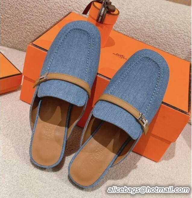 Good Looking Hermes Groupie Flat Mules in Denim with H Buckle Blue 0123096