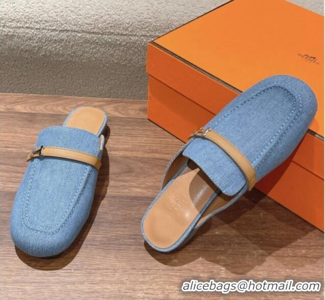 Good Looking Hermes Groupie Flat Mules in Denim with H Buckle Blue 0123096