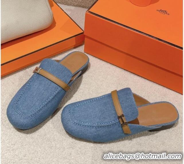 Good Looking Hermes Groupie Flat Mules in Denim with H Buckle Blue 0123096