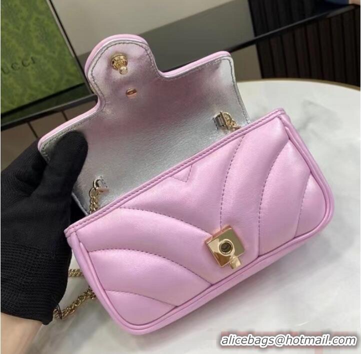 Good Quality Gucci GG MARMONT SUPER MINI BAG 476433 Pink iridescent quilted chevron leather