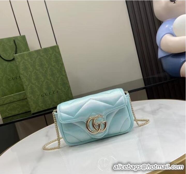 Best Design Gucci GG MARMONT SUPER MINI BAG 476433 Light blue iridescent quilted chevron leather