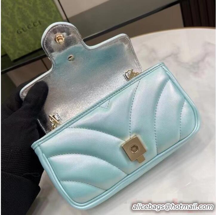 Best Design Gucci GG MARMONT SUPER MINI BAG 476433 Light blue iridescent quilted chevron leather