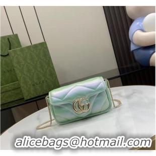 Luxurious Gucci GG MARMONT SUPER MINI BAG 476433 Light green iridescent quilted chevron leather