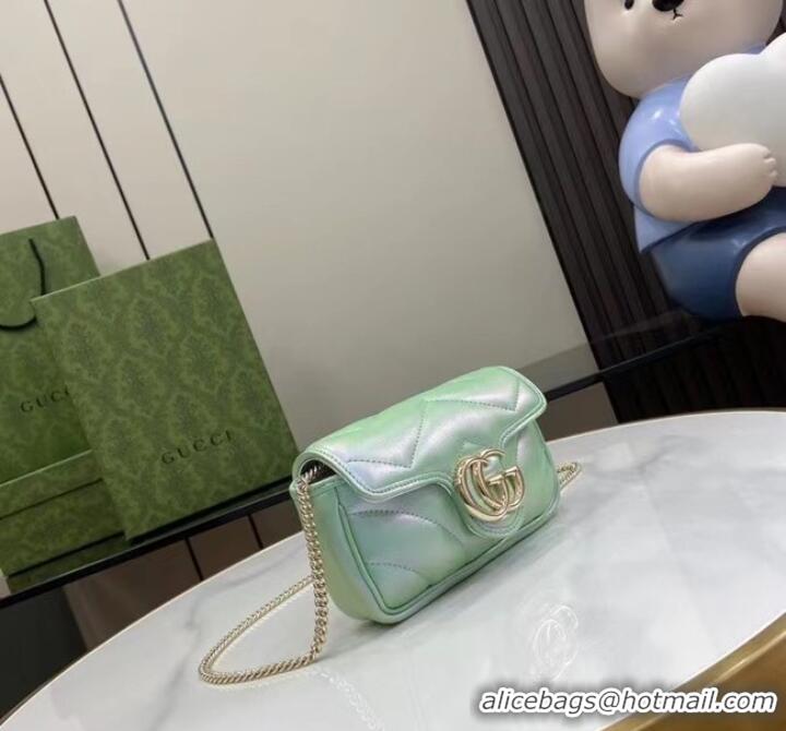 Luxurious Gucci GG MARMONT SUPER MINI BAG 476433 Light green iridescent quilted chevron leather