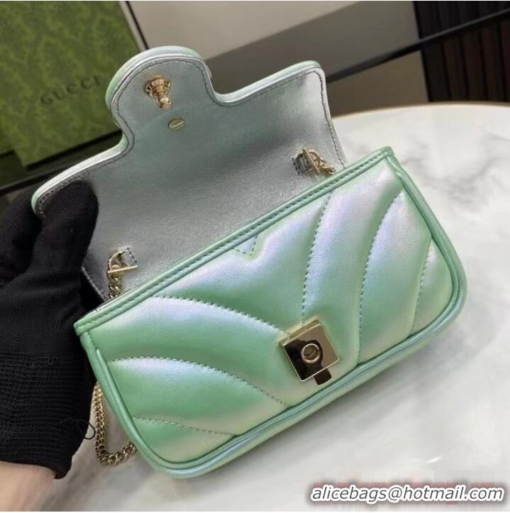 Luxurious Gucci GG MARMONT SUPER MINI BAG 476433 Light green iridescent quilted chevron leather