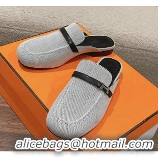 Good Quality Hermes Groupie Flat Mules in Canvas with H Buckle White/Black 0123097