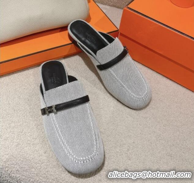 Good Quality Hermes Groupie Flat Mules in Canvas with H Buckle White/Black 0123097