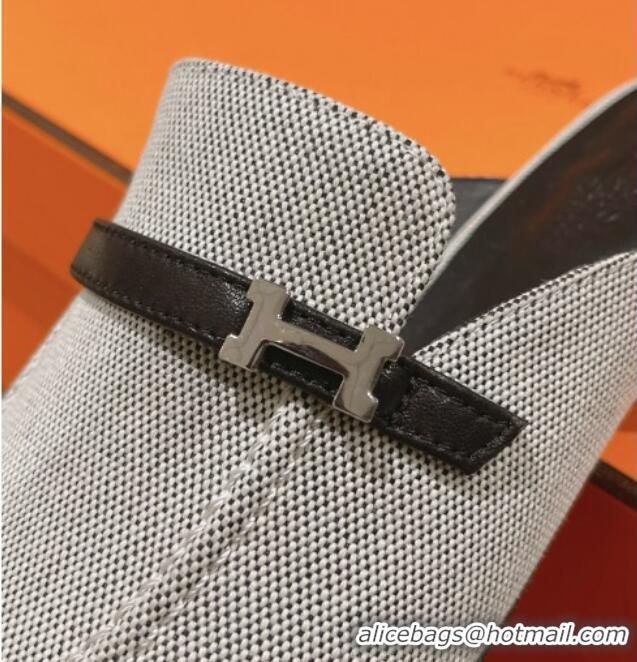 Good Quality Hermes Groupie Flat Mules in Canvas with H Buckle White/Black 0123097