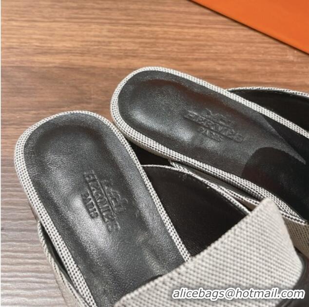 Good Quality Hermes Groupie Flat Mules in Canvas with H Buckle White/Black 0123097