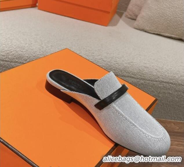 Good Quality Hermes Groupie Flat Mules in Canvas with H Buckle White/Black 0123097