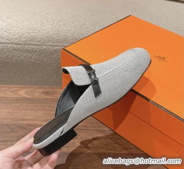 Good Quality Hermes Groupie Flat Mules in Canvas with H Buckle White/Black 0123097