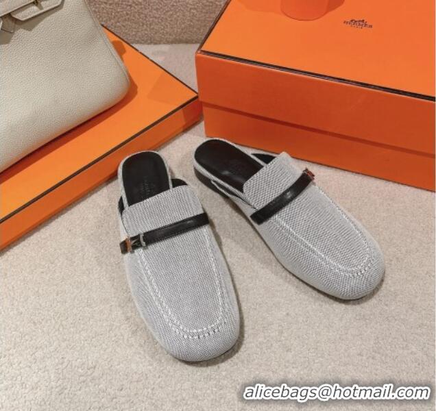 Good Quality Hermes Groupie Flat Mules in Canvas with H Buckle White/Black 0123097